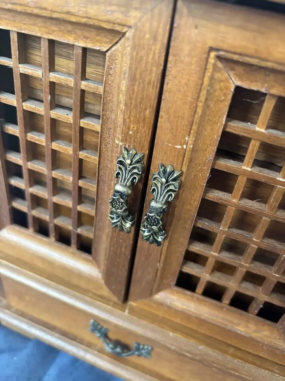Vintage Wooden Jewelry Box Chest with Lattice Doors and Drawers